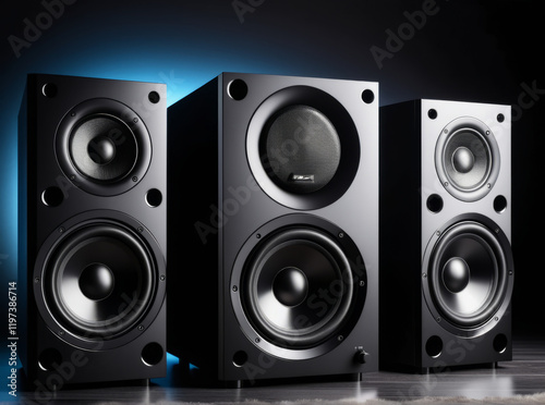 High-quality speaker system displayed in a modern setting with dramatic lighting and sleek design features