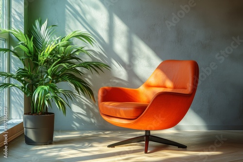 Bright orange chair placed next to a green plant in a sunlit room with attrac...