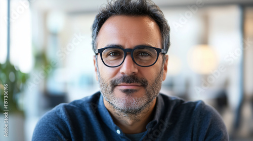 A professional man in glasses looks directly at the camera with a confident expression. The modern office background reflects a professional setting, emphasizing leadership and foc photo