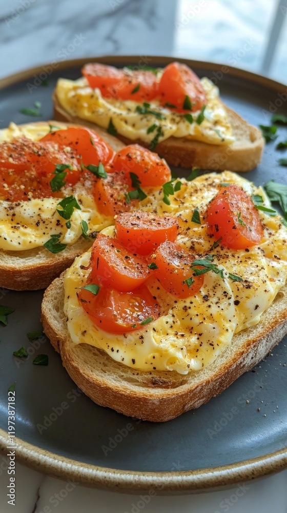 Delicious breakfast with fried eggs on toast and fresh cherry tomatoes served on a plate Delicious breakfast with fried eggs on toast and fresh cherry tomatoes served on a plate