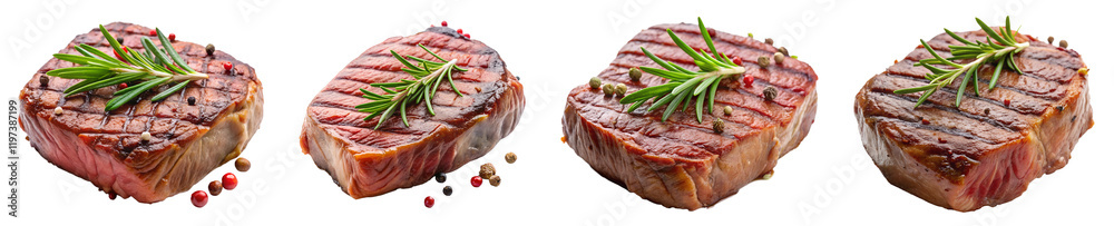 set of fresh meat steak with rosemary and pepper, isolated soft focus on the transparent background set of fresh meat steak with rosemary and pepper, isolated soft focus on the transparent background