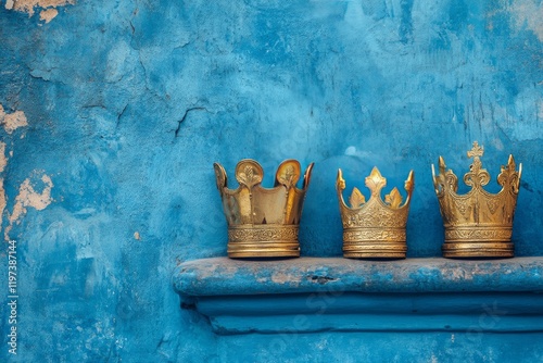 Golden crowns arranged elegantly on a blue textured background for decor or d...