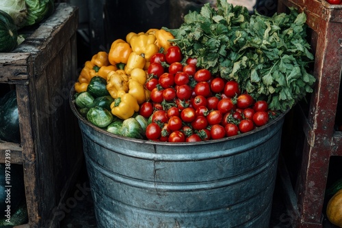 Fresh vegetables gathered in a rustic metal container at a local market in th...