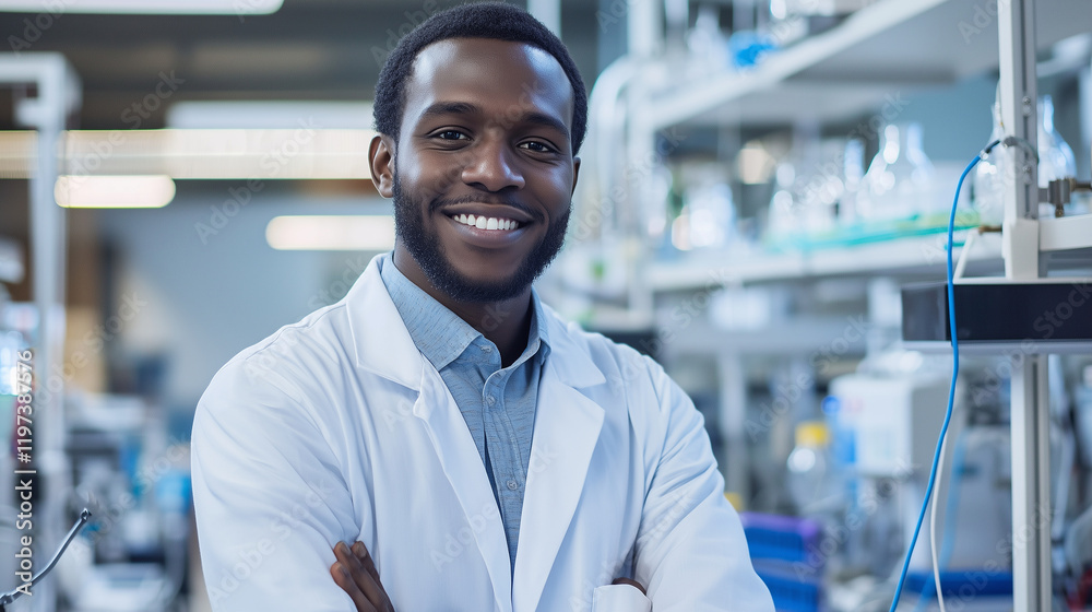 A confident male scientist in a white lab coat smiles warmly at the camera, standing in a busy laboratory filled with advanced research equipment. His demeanor reflects the optimis A confident male scientist in a white lab coat smiles warmly at the camera, standing in a busy laboratory filled with advanced research equipment. His demeanor reflects the optimis