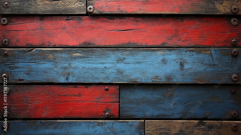 Rustic Weathered Wooden Planks with Red and Blue Paint Texture Background Rustic Weathered Wooden Planks with Red and Blue Paint Texture Background