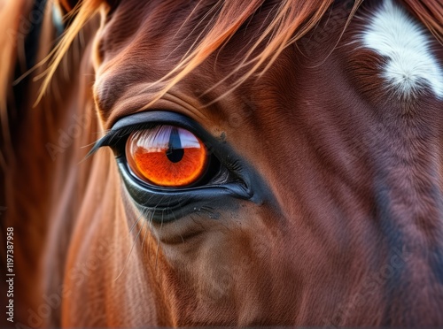 Close-up of a horse's eye reveals vibrant orange hues and intricate details of its fur and lashes in natural lighting photo