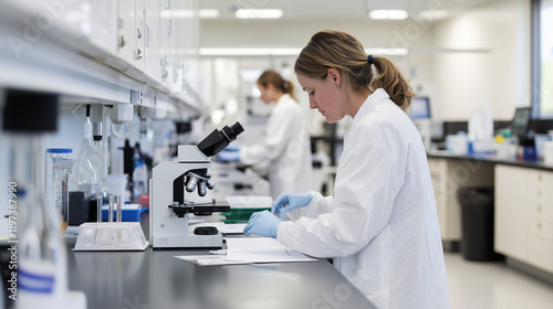 In a clean, bright laboratory, a focused researcher works at a microscope while surrounded by neatly organized equipment and samples. The environment emphasizes the blend of precis photo