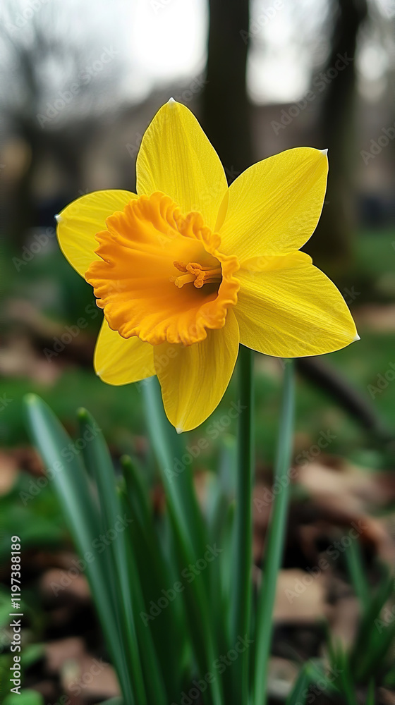 Single Yellow Daffodil Blooming in a Spring Garden Single Yellow Daffodil Blooming in a Spring Garden