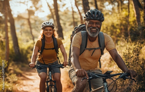 An elderly couple riding a woodland route, beaming with joy and freedom, lively and revitalizing photo