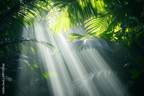 Sunlight filters through lush greenery in a vibrant tropical jungle scene