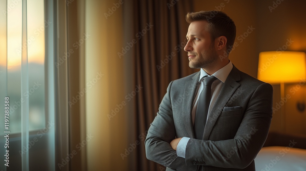 A businessman gazing out the window of his hotel room A businessman gazing out the window of his hotel room