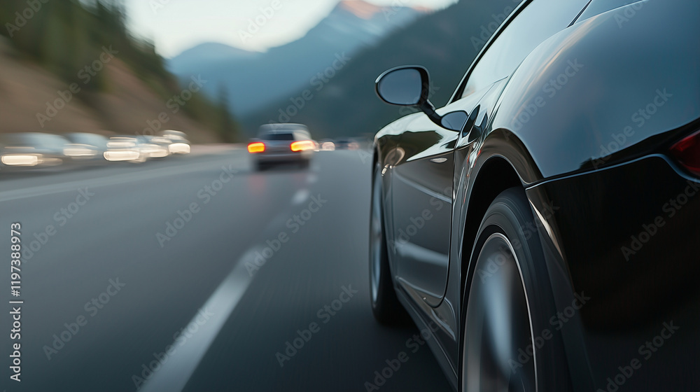 Sports Car Cruising on Mountain Highway with Blurred Traffic Sports Car Cruising on Mountain Highway with Blurred Traffic
