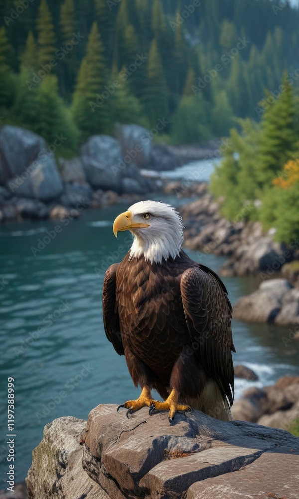 Fototapeta premium A stunning portrait of a bald eagle perched on a rocky outcropping overlooking the pristine waters of Kachemak Bay, fish, bald eagle