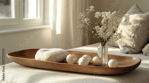 Elegant wooden tray with decorative elements on a cozy table in natural light