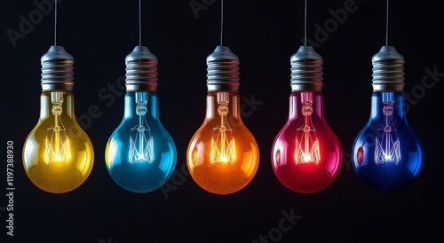 Colorful illuminated light bulbs hanging against a dark background showcasing...