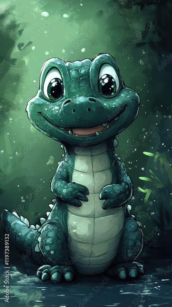 Obraz premium Smiling Cartoon Crocodile Standing Cheerfully in a Whimsical Jungle Scene - Vibrant and Playful Artwork Perfect for a Nature-Themed Phone Wallpaper