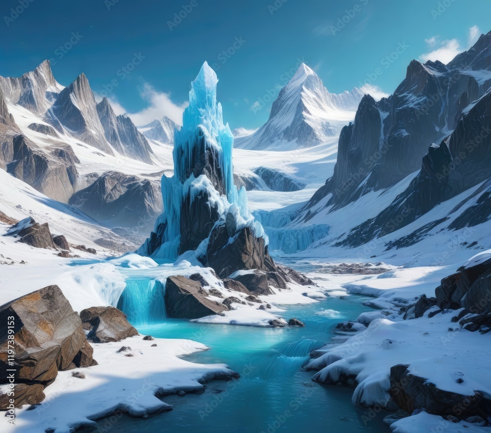 Obraz premium A stunning tower of ice with a bright blue pool of meltwater and surrounding snow-covered mountains, climate change effects, turquoise water , glacier