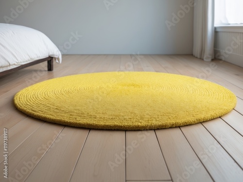 A Stylish Round Yellow Rug Enhancing the Modern Bedroom's Aesthetic on a Wooden Floor