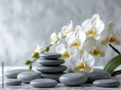 Gray Spa Stones on Marble Surface with White Orchid Flowers for Relaxation and Wellness