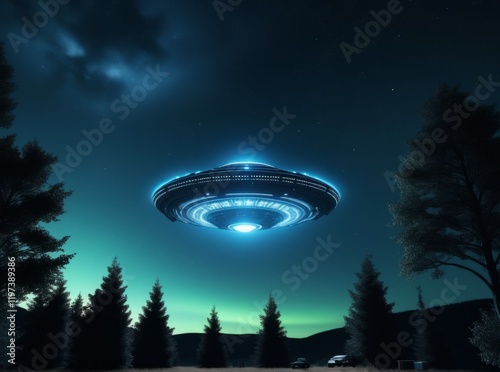 Unidentified flying object hovers over a forest under a starry night sky in a remote location