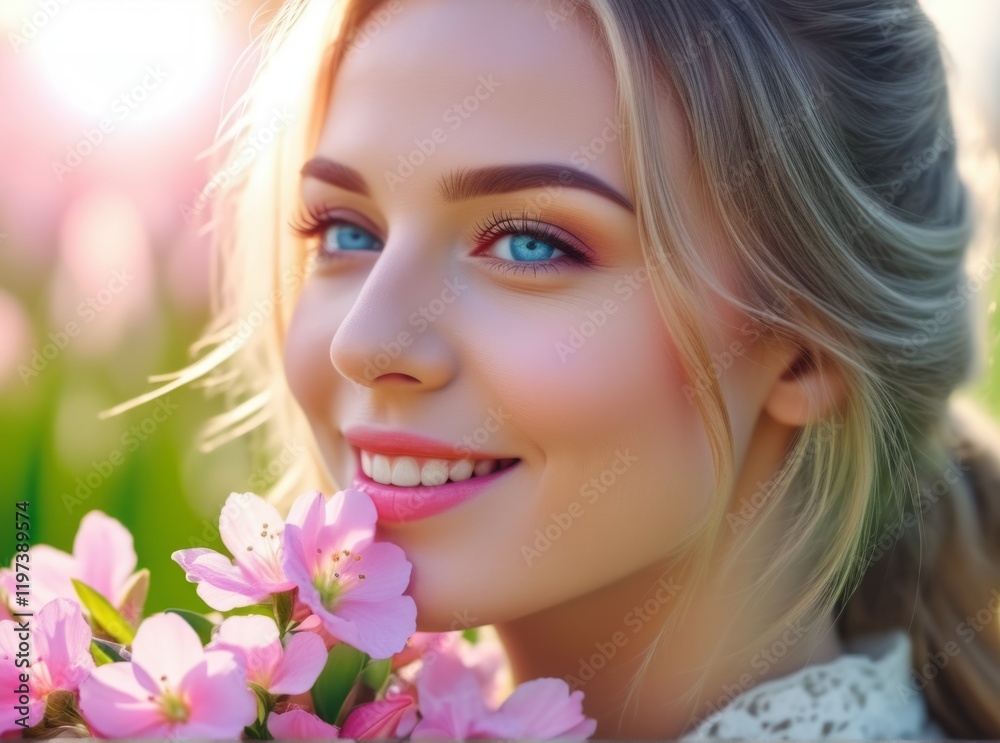 Smiling young woman in a field of blooming flowers during golden hour captures pure joy and beauty Smiling young woman in a field of blooming flowers during golden hour captures pure joy and beauty