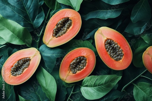 Freshly sliced papaya on green tropical leaves in a vibrant composition