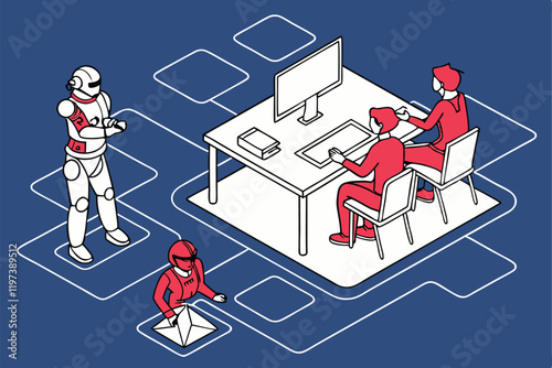 Humans and robots working together, office setting, blue background, flat illustration style, minimalist design, collaborative workspace, AI and human interaction, futuristic workplace, contrasting re