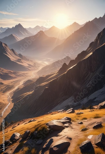 A sweeping mountain range is bathed in warm sunlight casting long shadows across the landscape below, sunlit peaks, warm glow, dramatic perspective