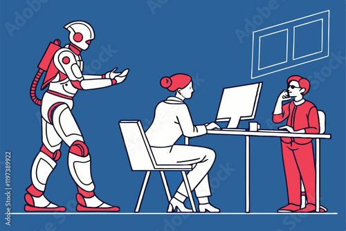 Humans and robots working together, office setting, blue background, flat illustration style, minimalist design, collaborative workspace, AI and human interaction, futuristic workplace, contrasting re