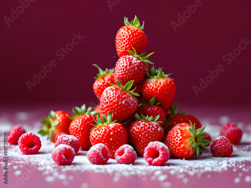 Strawberries, raspberries, berries, fruit, fresh, red, juicy, plate, dessert, sweet, delicious, ripe, stack, pyramid, garnish, sauce, drizzle, powdered sugar, appetizing, vibrant, enticing, mouthwater photo