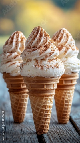 Delicious ice cream cones topped with whipped cream and spices on a rustic wo...