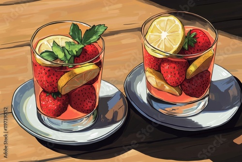 Refreshing strawberry cocktail with fresh strawberries on a wooden table at a...
