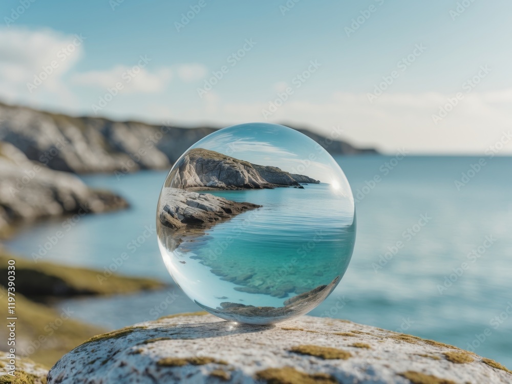 Crystal Clear Sphere Reflecting Serene Sea and Rocky Coastal Landscape Crystal Clear Sphere Reflecting Serene Sea and Rocky Coastal Landscape