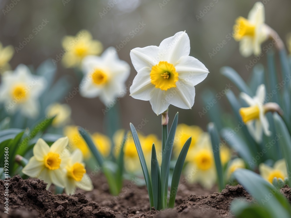 White Daffodil Flowers Blooming in Garden Soil Surrounded by Yellow Blooms and Leaves White Daffodil Flowers Blooming in Garden Soil Surrounded by Yellow Blooms and Leaves