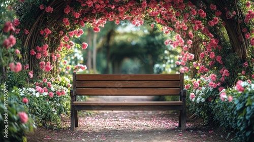 Serene wooden bench surrounded by blooming pink flowers in a tranquil garden ...