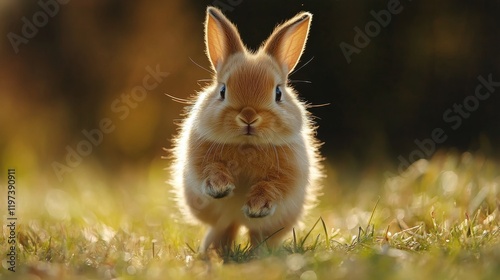 Small rabbit exploring green grass in a sunny park during late afternoon