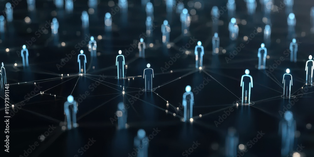 A digitally rendered image depicting a network of illuminated figures interconnected, symbolizing social connections and digital communication. A digitally rendered image depicting a network of illuminated figures interconnected, symbolizing social connections and digital communication.