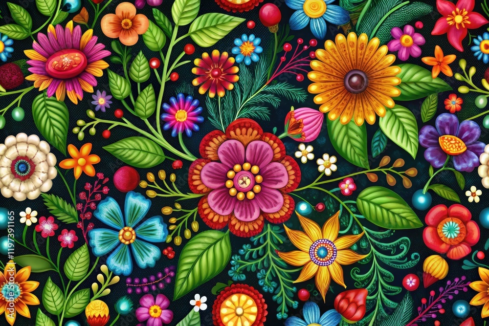 A vibrant floral pattern with intricate stitches, featuring a mix of colorful flowers, leaves, and berries, creating a beautiful and whimsical design, stitchwork, handmade A vibrant floral pattern with intricate stitches, featuring a mix of colorful flowers, leaves, and berries, creating a beautiful and whimsical design, stitchwork, handmade