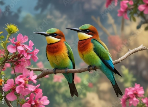 A Bee Eater perched on a branch with colorful flowers in full bloom, nature, insect eater photo