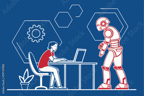 Humans and robots working together, office setting, blue background, flat illustration style, minimalist design, collaborative workspace, AI and human interaction, futuristic workplace, contrasting re