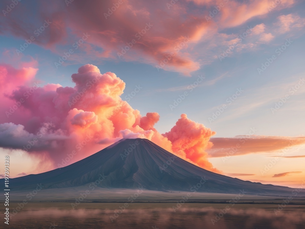 Fototapeta premium Majestic Volcano at Sunset with Colorful Clouds Over Serene Landscape
