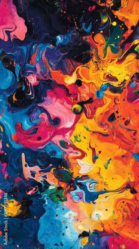 Vibrant abstract painting with swirling colors and dynamic patterns
