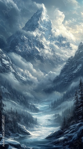 Majestic mountain landscape under dramatic clouds and sunset glow