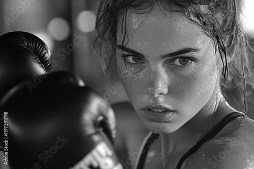 Female boxer training intensely in gym with focus and determination during af...