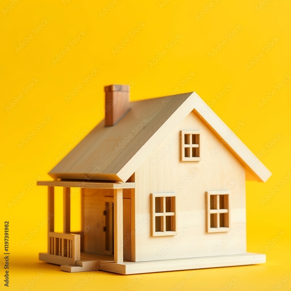 Wooden house, real estate concept, yellow background Wooden house, real estate concept, yellow background