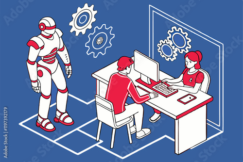 Humans and robots working together, office setting, blue background, flat illustration style, minimalist design, collaborative workspace, AI and human interaction, futuristic workplace, contrasting re