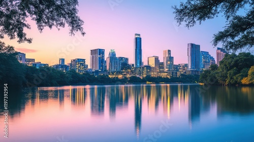 A city skyline glowing at dusk, with silhouettes of urban architecture reflecting off a calm river.