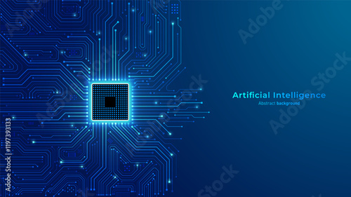 Concept of Artificial intelligence. Chip processor on circuit motherboard. Modern futuristic design background. Big Data and Machine Learning. Vector illustration.