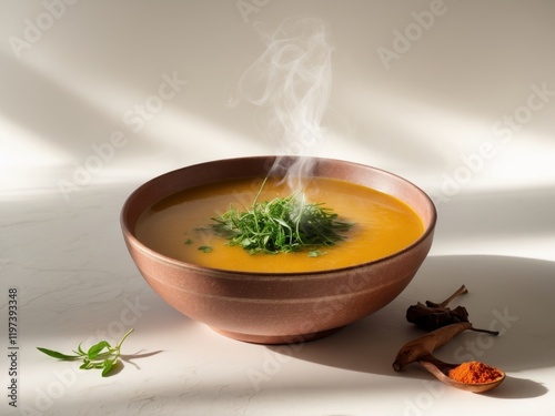 Cozy still life of a warm bowl of soup adorned with herbs and spices photo