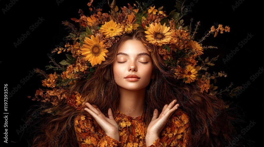 Elegant Woman with Long Brown Hair Adorned with Colorful Flowers in a Lush Green Field Radiating Natural Beauty and Serenity under Soft Sunlight Elegant Woman with Long Brown Hair Adorned with Colorful Flowers in a Lush Green Field Radiating Natural Beauty and Serenity under Soft Sunlight